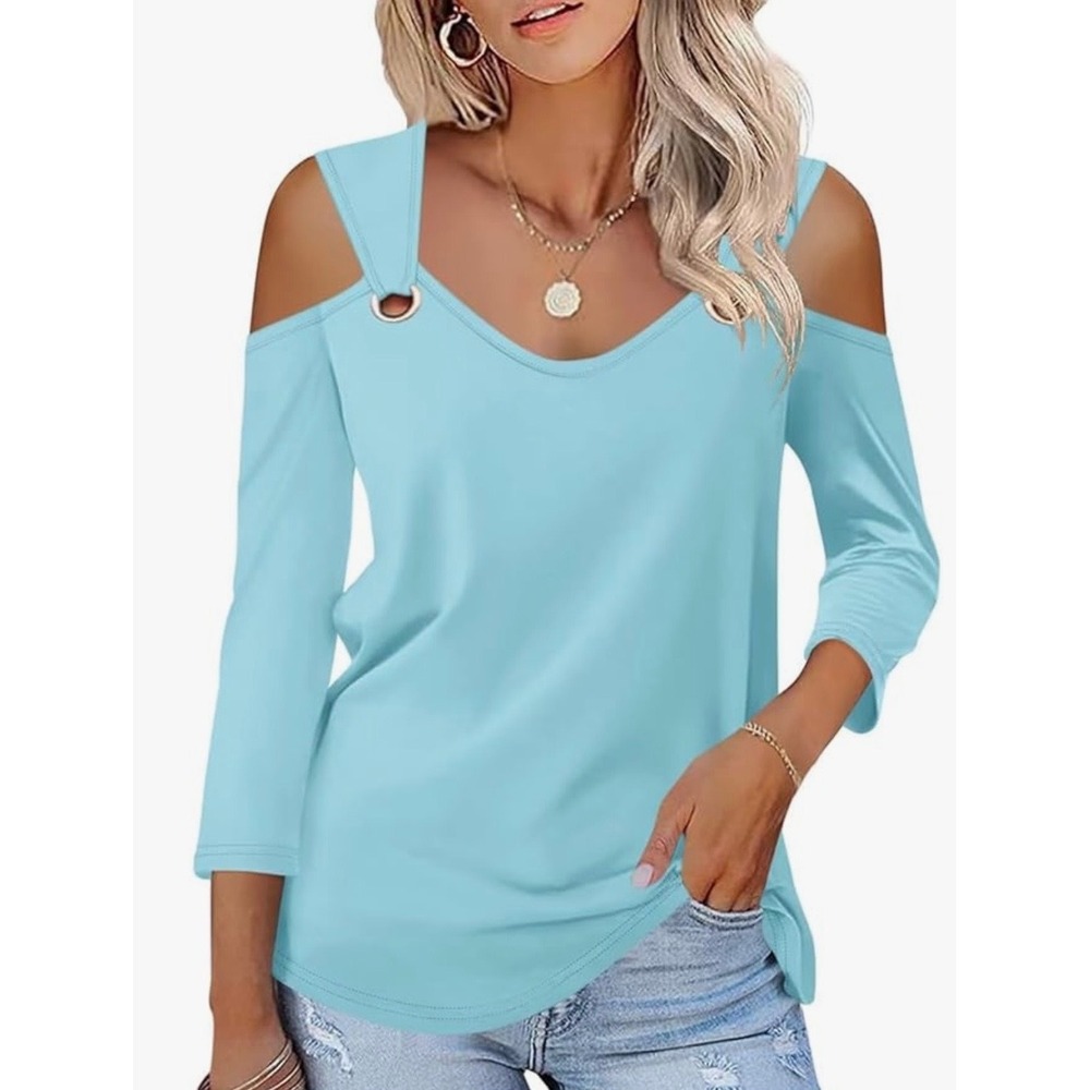 Minetom Womens Light Blue Cold Shoulder V Neck 3/4 Sleeve Grommet Top Small